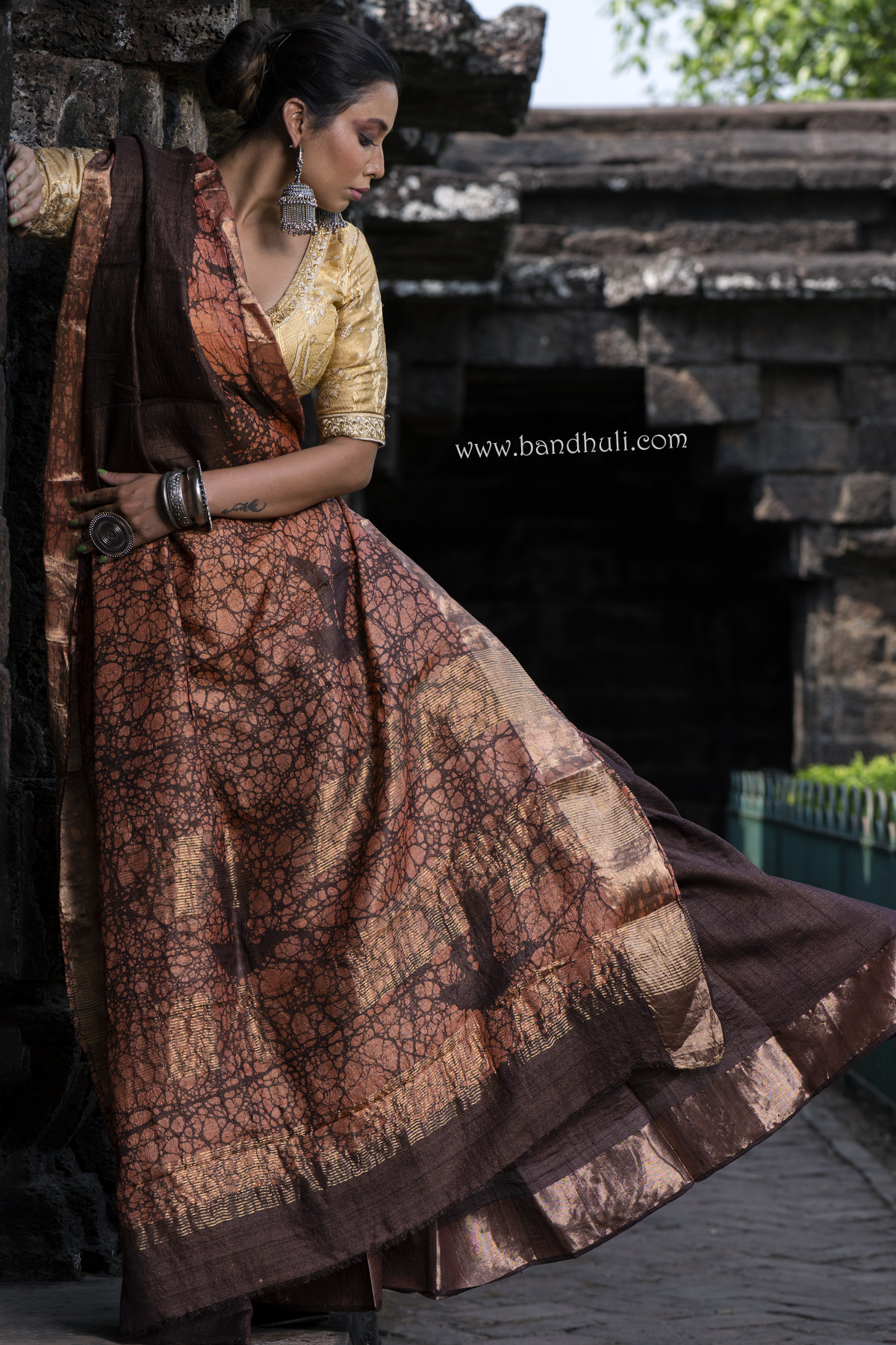 Dark Chocolate Brown color Indonesian Wax Batik Saree 